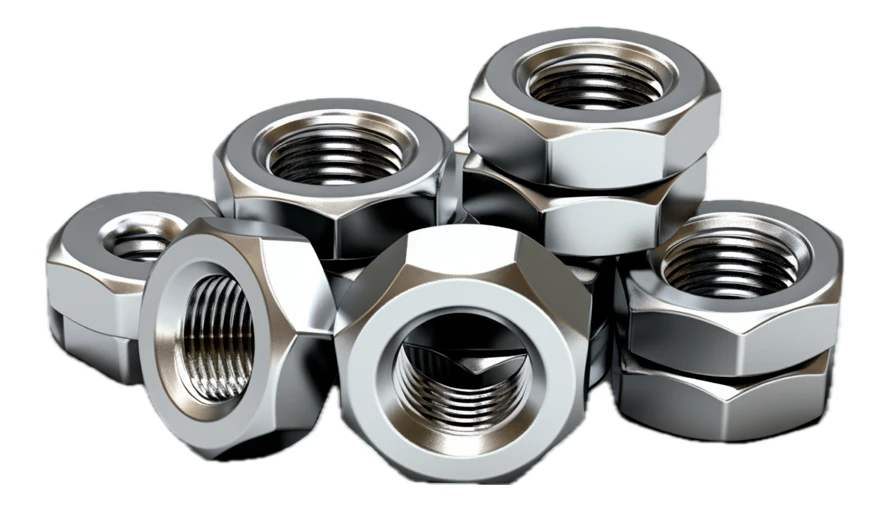 Pile of shiny stainless steel hex nuts