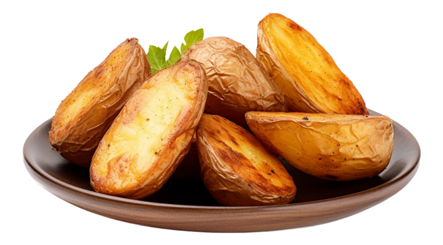 Roasted potato wedges on a plate isolated on white