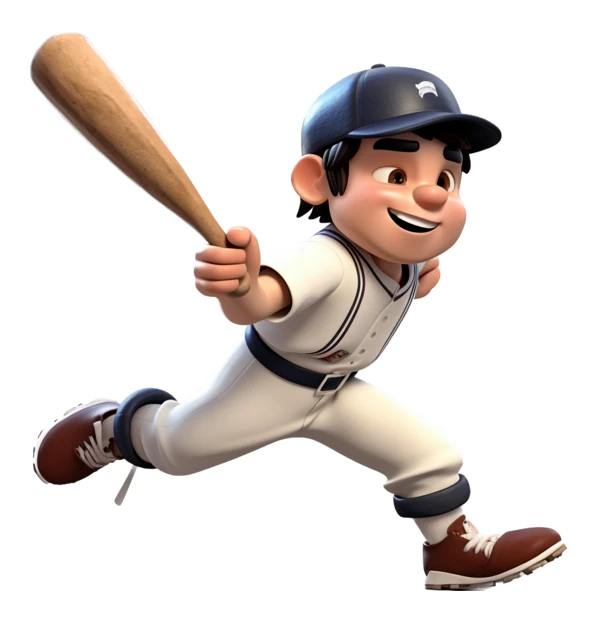 3D cartoon boy playing baseball running with a bat