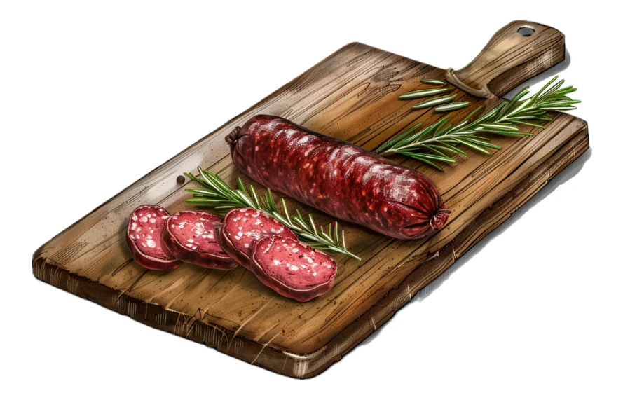 Sliced salami sausage on a wooden board with rosemary
