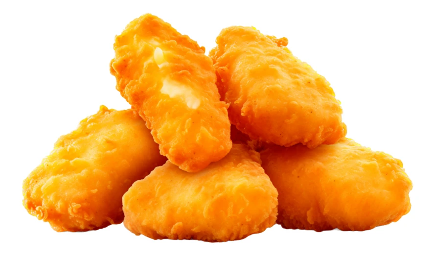 Pile of crispy golden fried chicken nuggets on white background