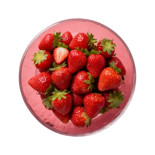 Top view of fresh red strawberries in a pink bowl