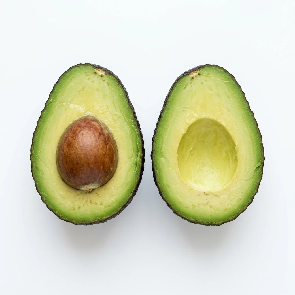Fresh halved avocado with and without pit on white