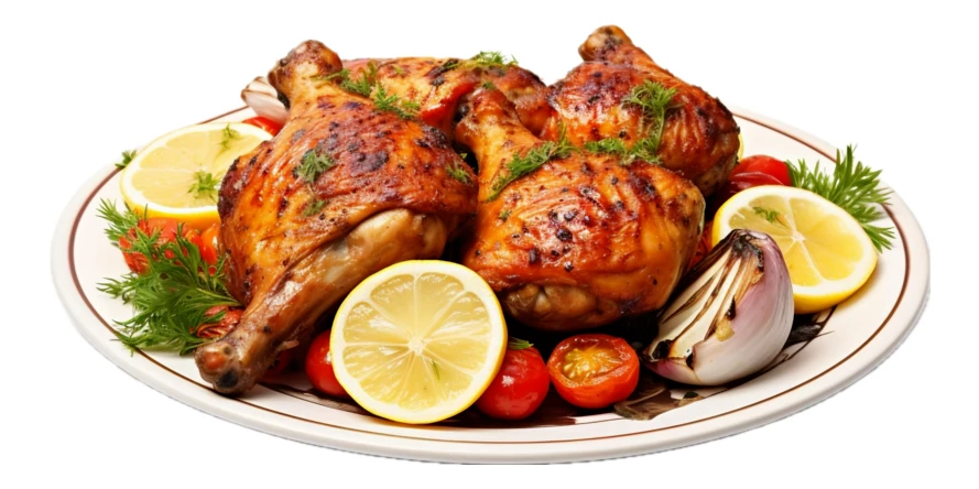 Roasted chicken legs with lemon and tomatoes on white background