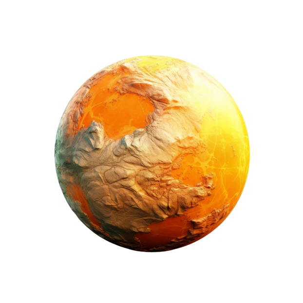 Orange rocky planet with cratered surface isolated on white