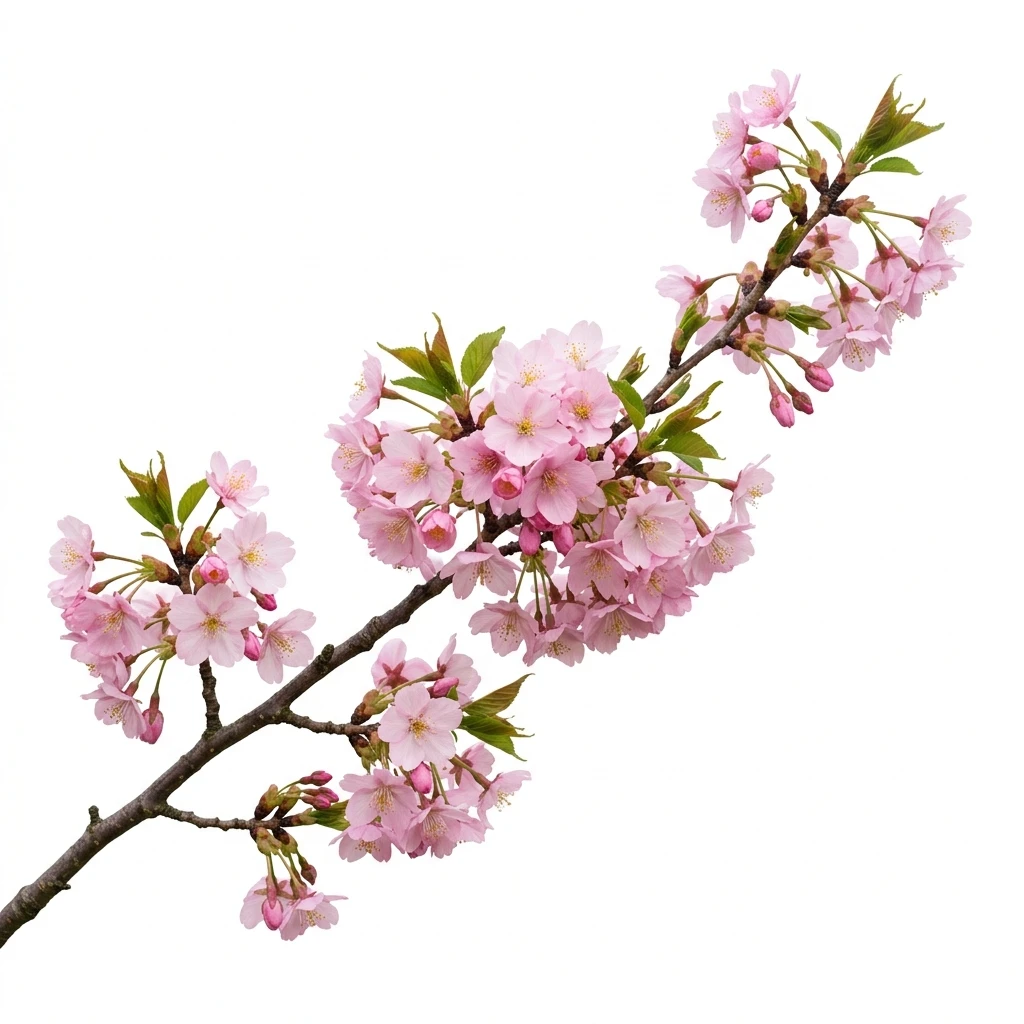 Pink cherry blossom branch isolated on white background