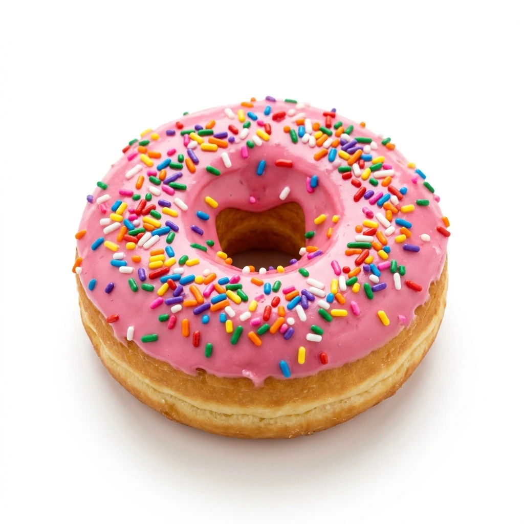 Pink glazed donut with rainbow sprinkles isolated on white