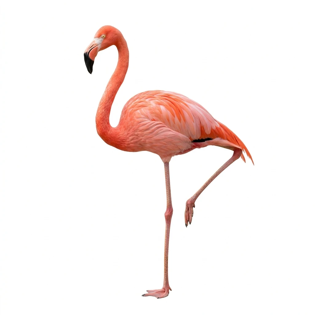 Pink flamingo standing on one leg isolated on white