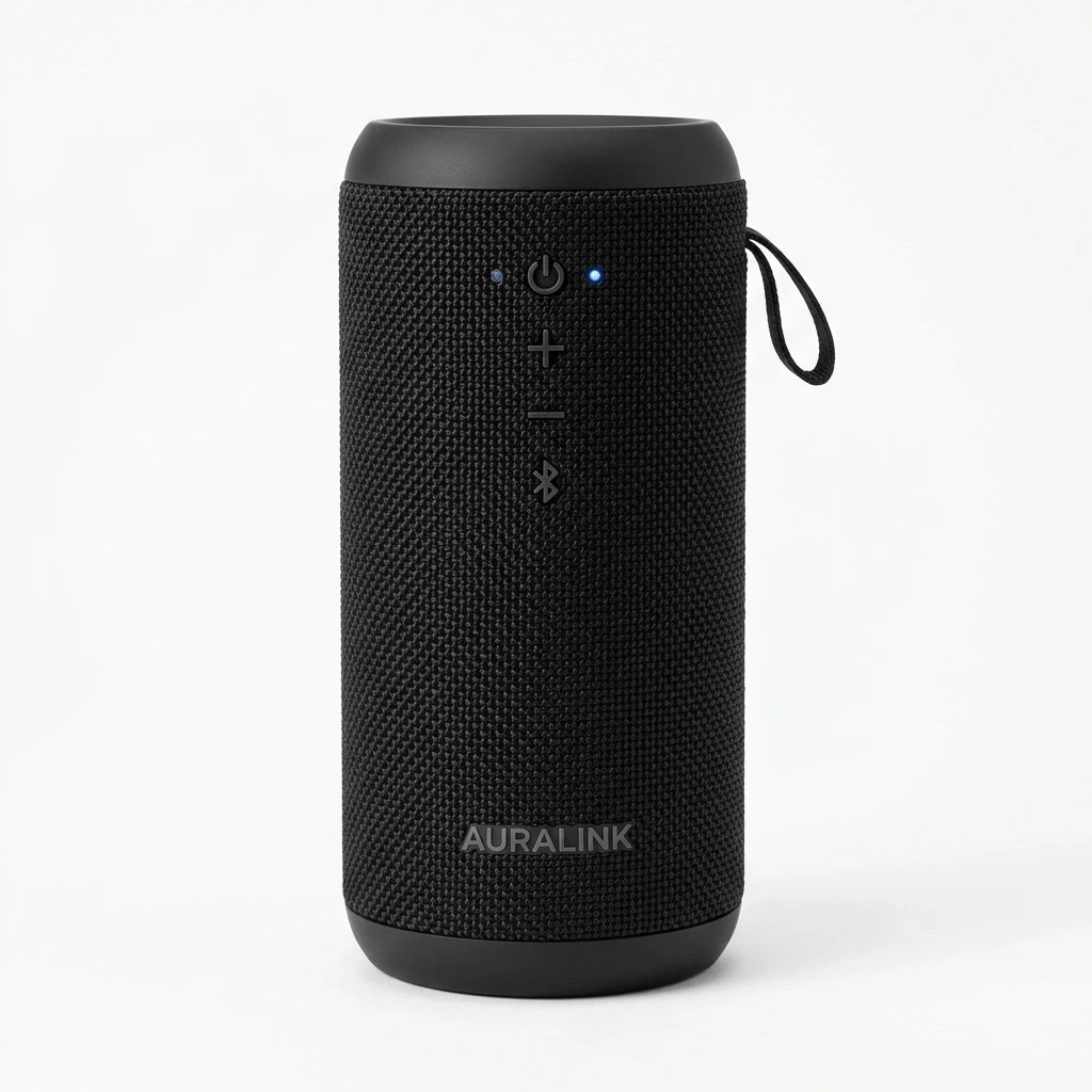 Black portable Bluetooth speaker on a white background