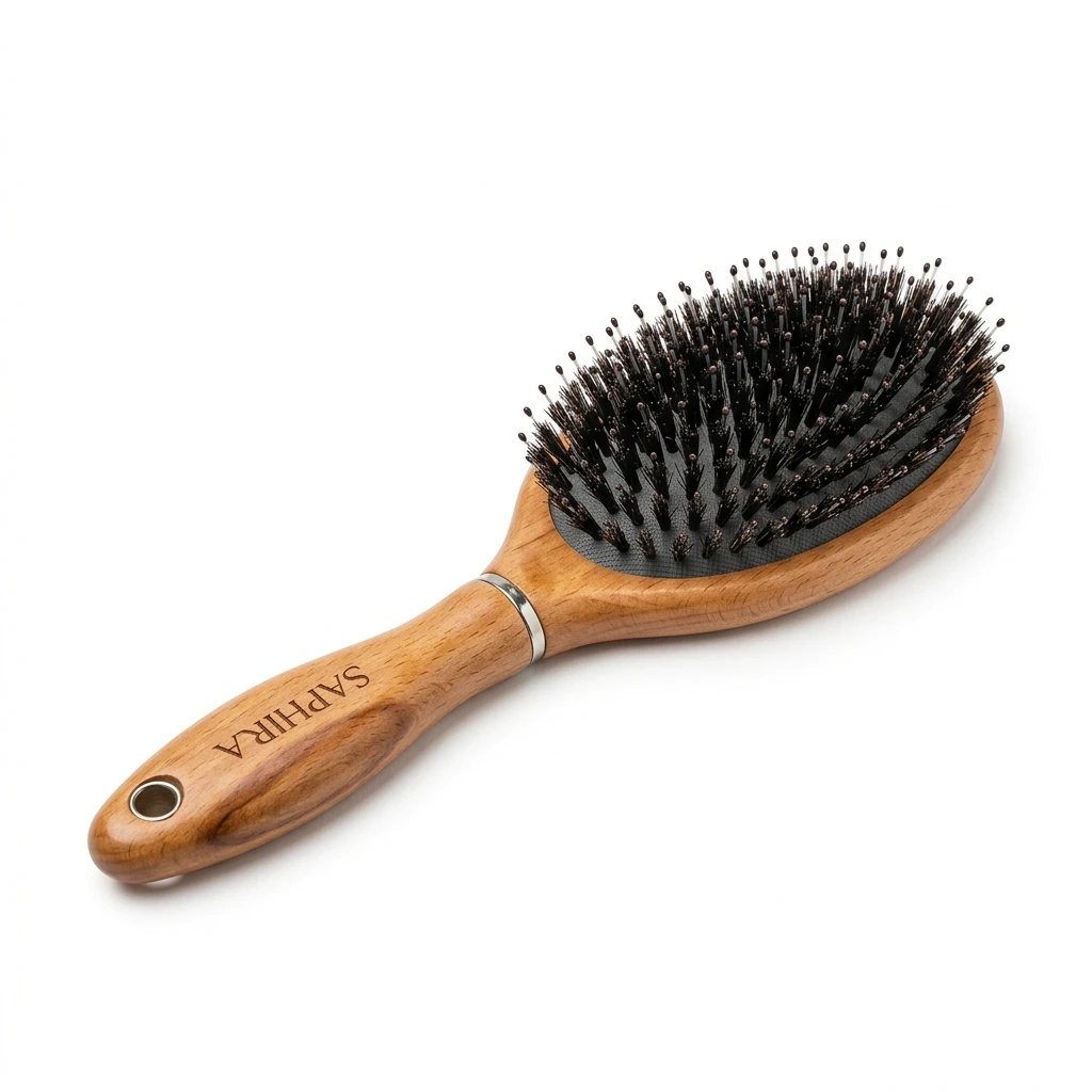Wooden paddle hairbrush with boar bristles on white background