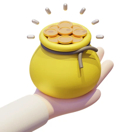 3D hand holding a yellow bag of gold coins