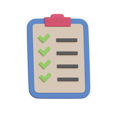 3D checklist icon with clipboard and green check marks