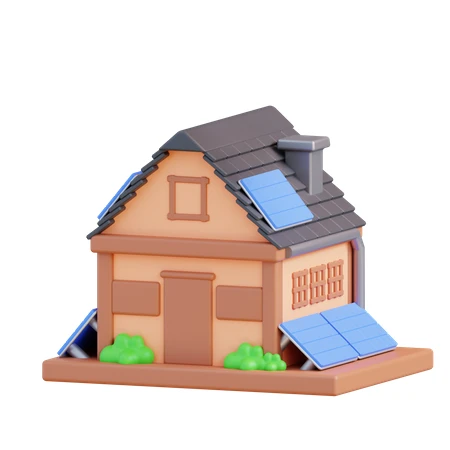 3D stylized house with solar panels on white background