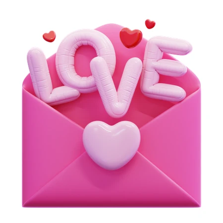 3D pink envelope with glossy love text and heart