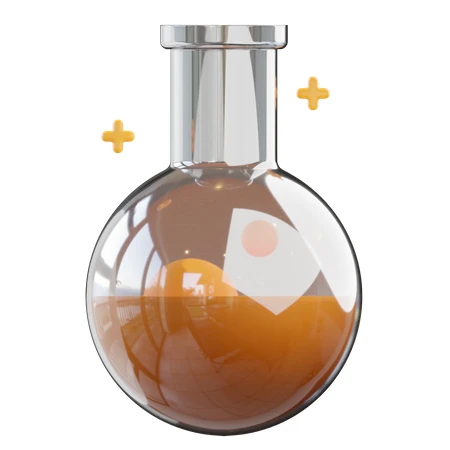 3D laboratory glass flask with orange liquid isolated