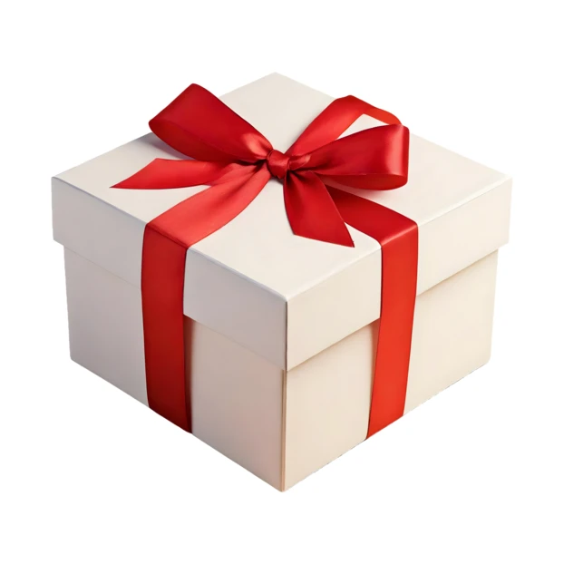 White gift box with red satin ribbon and bow