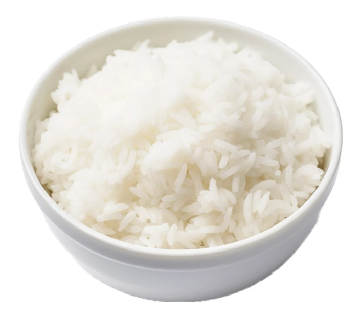 A bowl of fluffy steamed white rice isolated on white