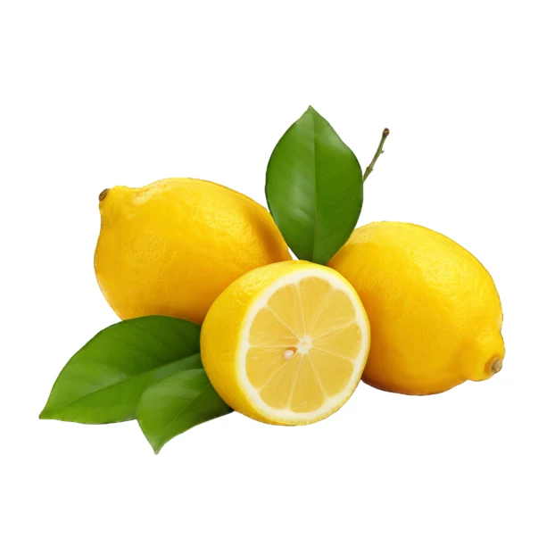 Yellow lemons with green leaves isolated on white background