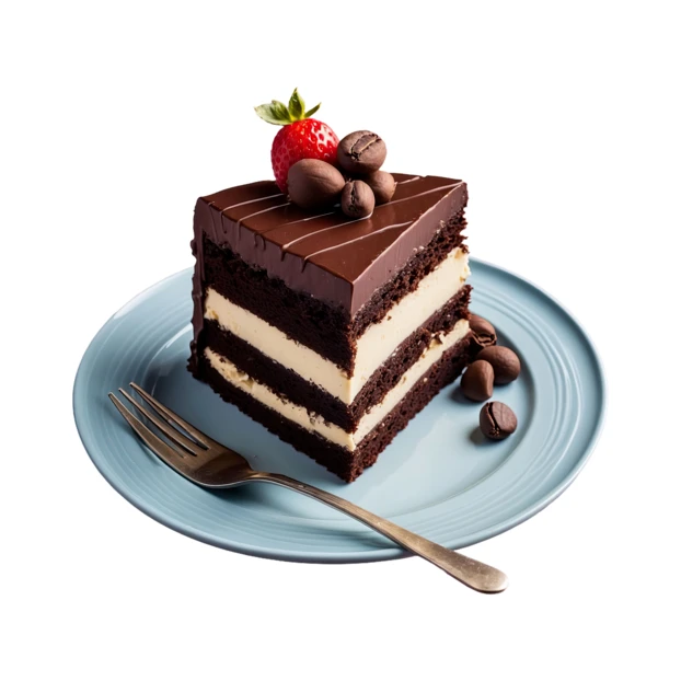 Slice of chocolate layer cake with strawberry on blue plate