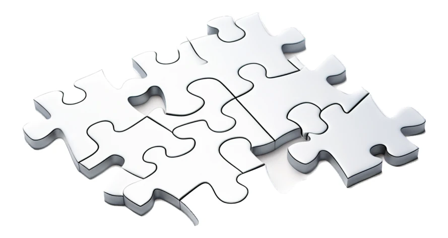 White jigsaw puzzle pieces connecting on a white background