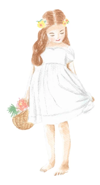Watercolor illustration of girl in white dress with flower basket