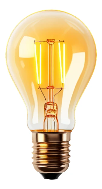 Vintage LED filament light bulb glowing on white background
