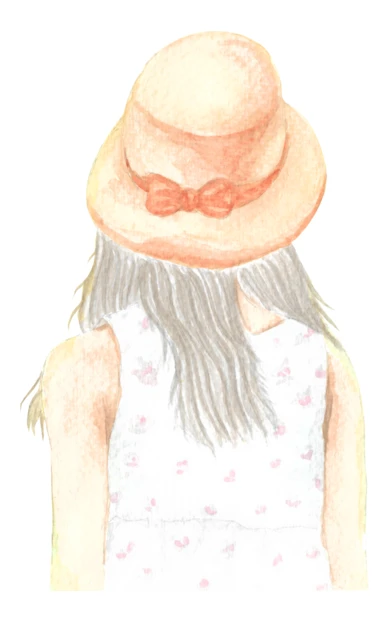 Watercolor illustration of a girl from behind wearing sun hat