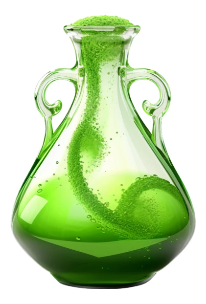 Glowing green magic potion in a glass amphora bottle