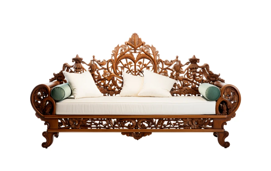 Ornate hand-carved teak wood sofa with white cushions