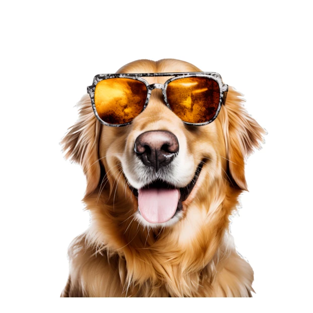 Smiling Golden Retriever wearing sunglasses on white background