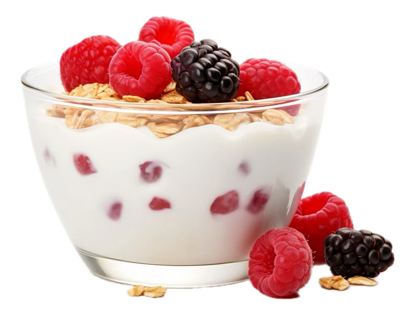 Yogurt bowl with granola, raspberries, and blackberries isolated on white