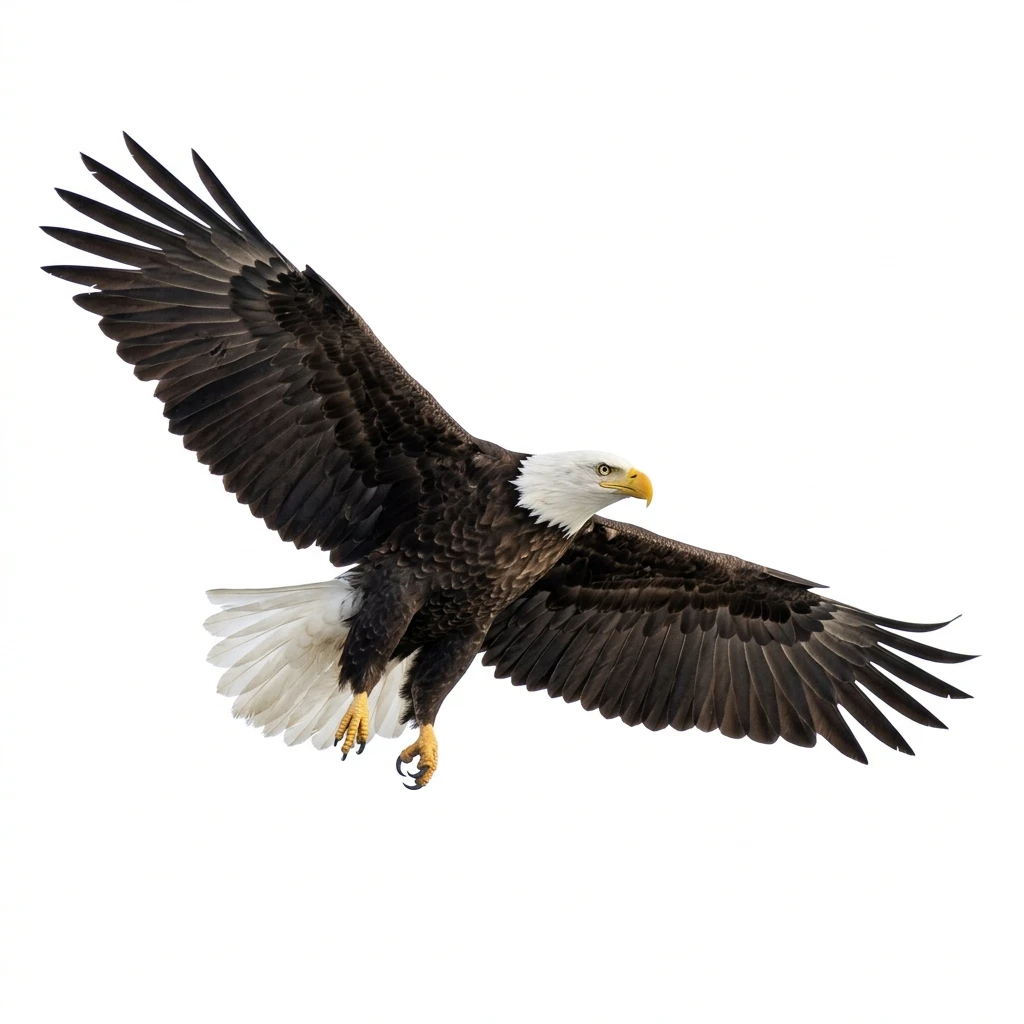 Bald eagle soaring in flight isolated on white background