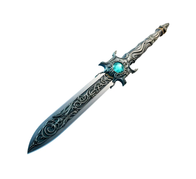 Ornate fantasy dagger with blue gemstone isolated on white