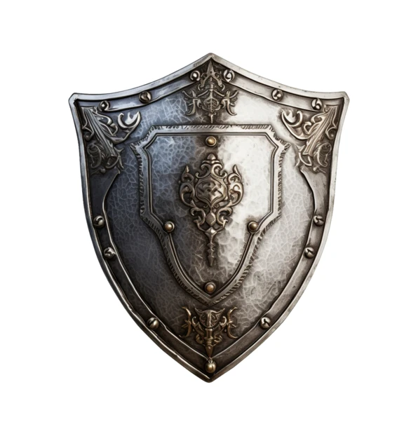 Ornate silver medieval knight shield isolated on white