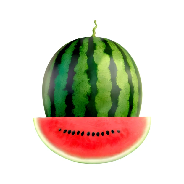 Whole watermelon and red slice isolated on white background
