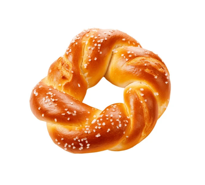 Twisted bread roll with coarse salt on white background