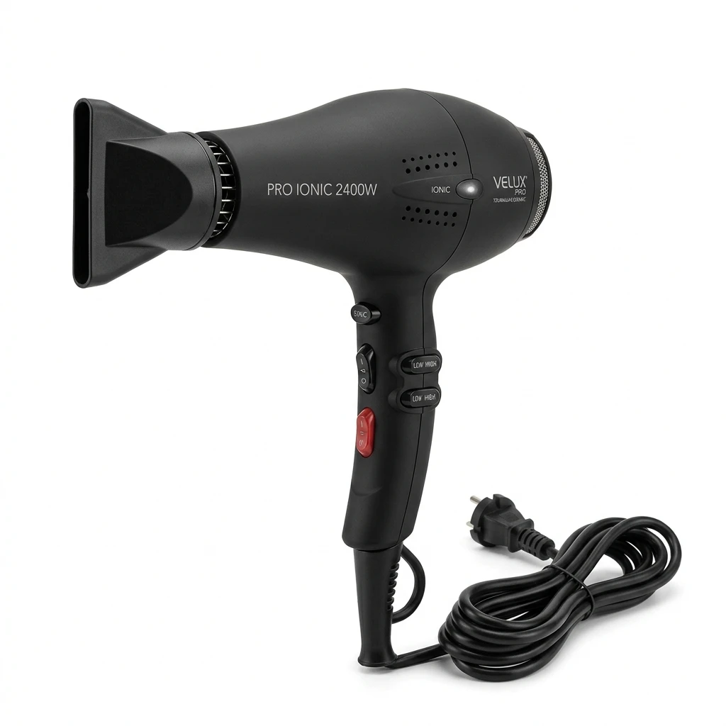 Professional black ionic 2400W hair dryer on white background