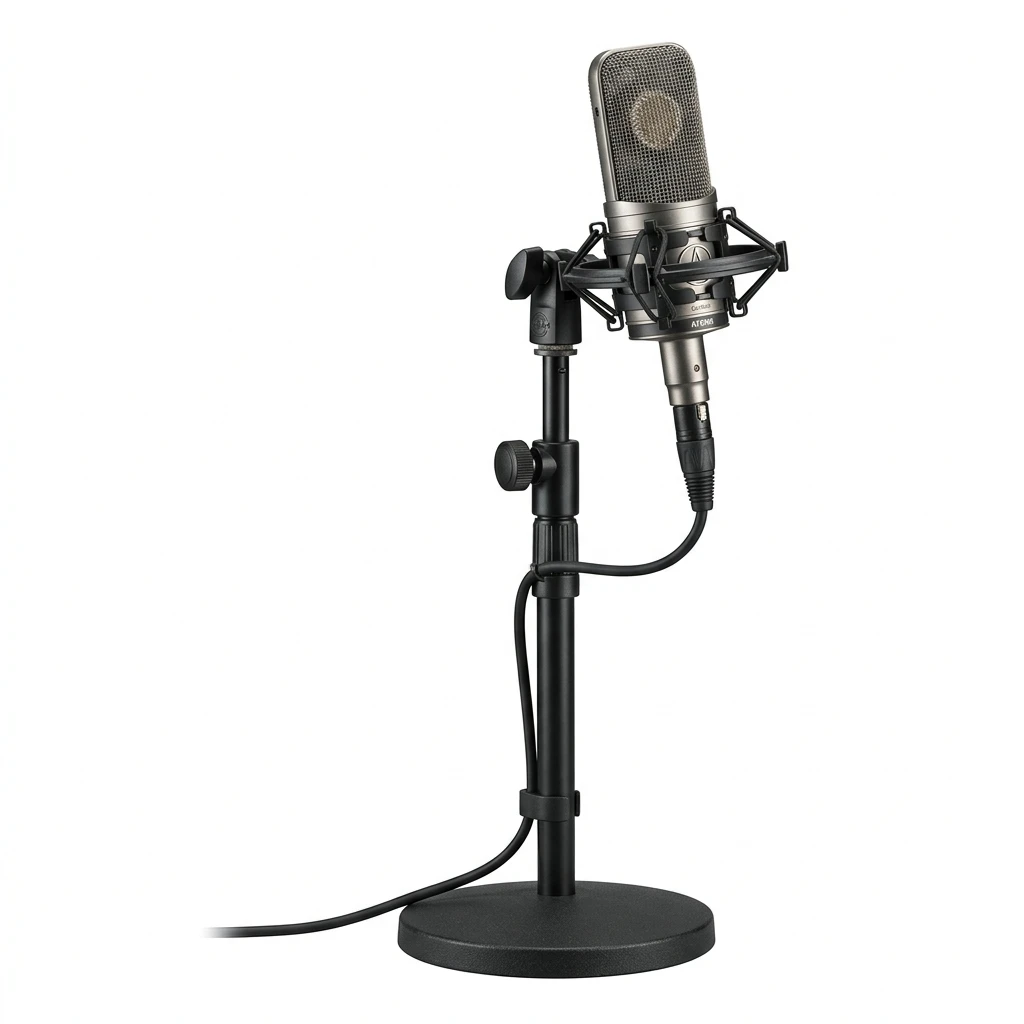 Professional studio condenser microphone on a desktop stand