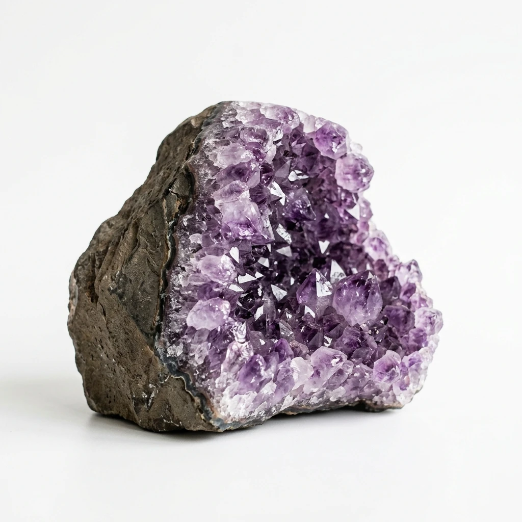 Purple amethyst geode crystal cluster on white background