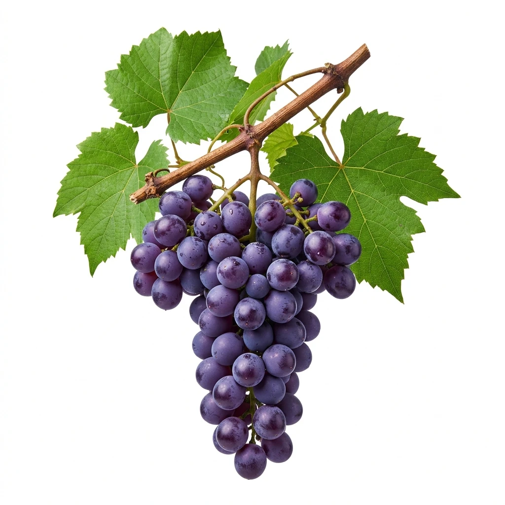 Bunch of fresh purple grapes with leaves isolated on white