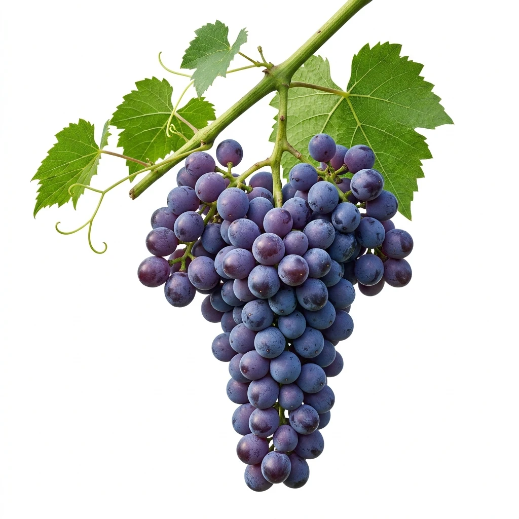 Bunch of ripe purple grapes with green leaves isolated