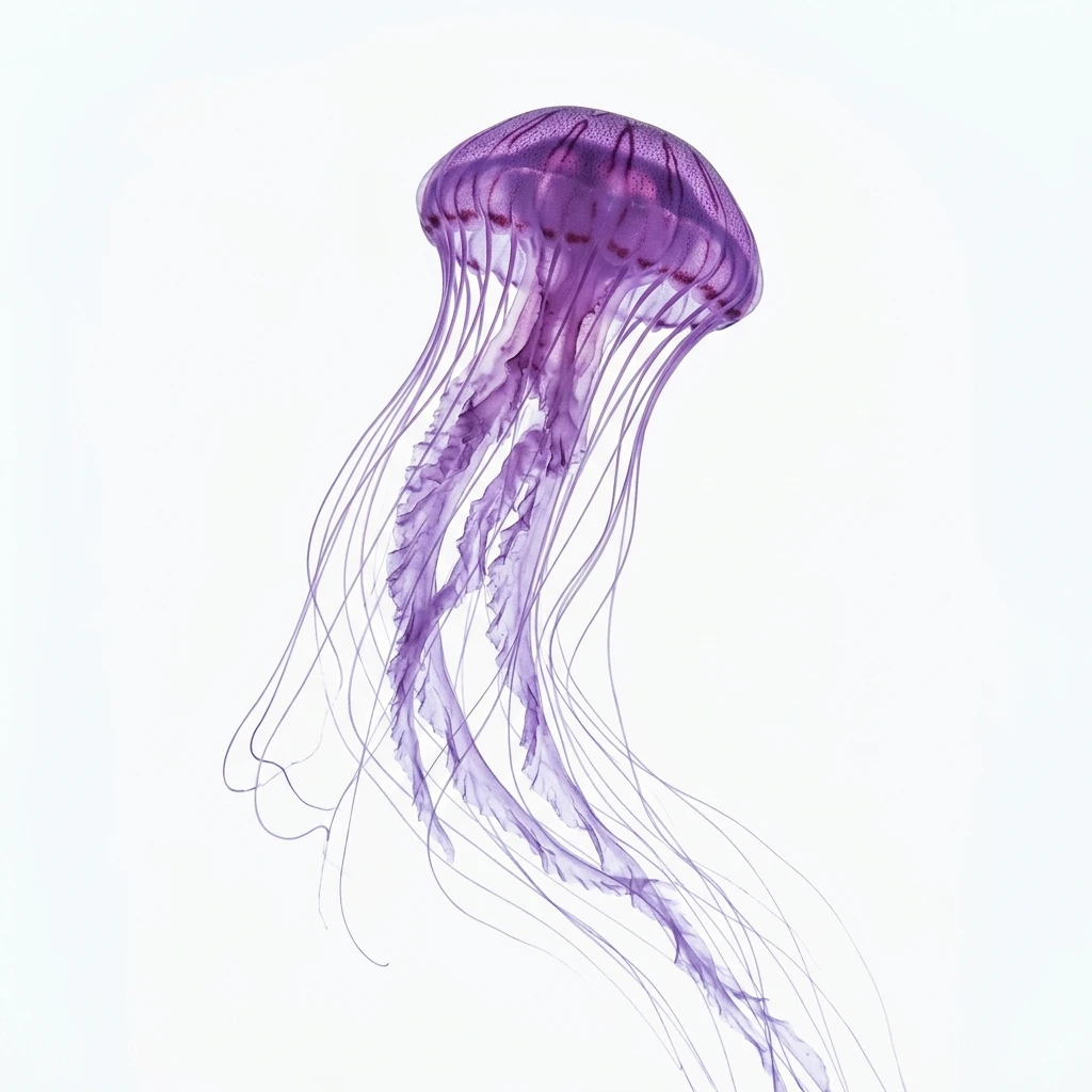 Purple jellyfish with long tentacles against white background