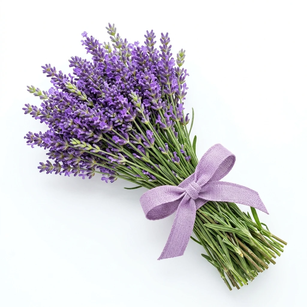 Lavender bouquet with purple ribbon isolated on white background