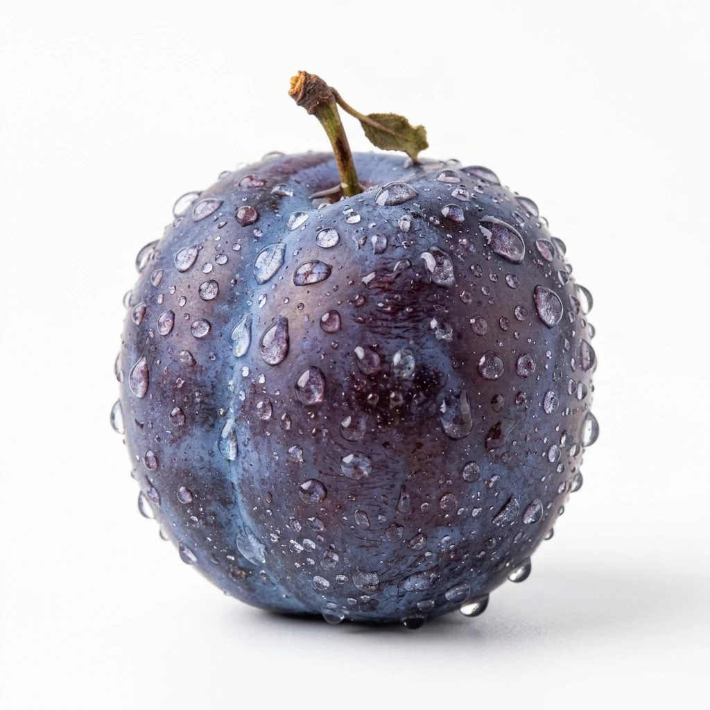 Single fresh plum with water droplets on white background