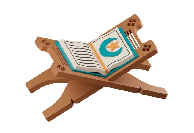 3D illustration of an open Quran on a wooden stand