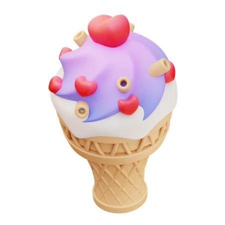 3D purple and white ice cream cone with heart toppings