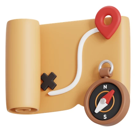 3D treasure map icon with compass and location pin