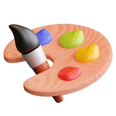 3D stylized artist palette with paintbrush and colorful paints
