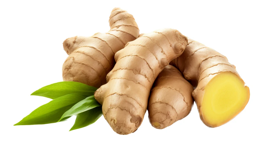 Fresh ginger roots with green leaves isolated on white background