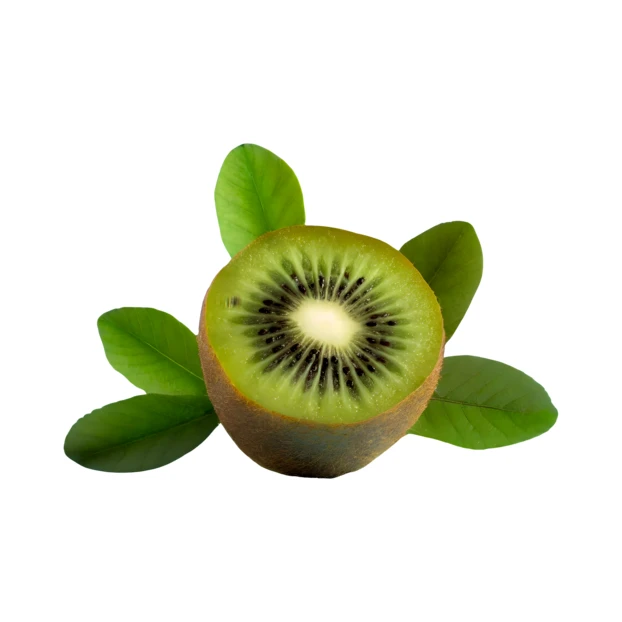 Halved kiwi fruit with green leaves isolated on white background